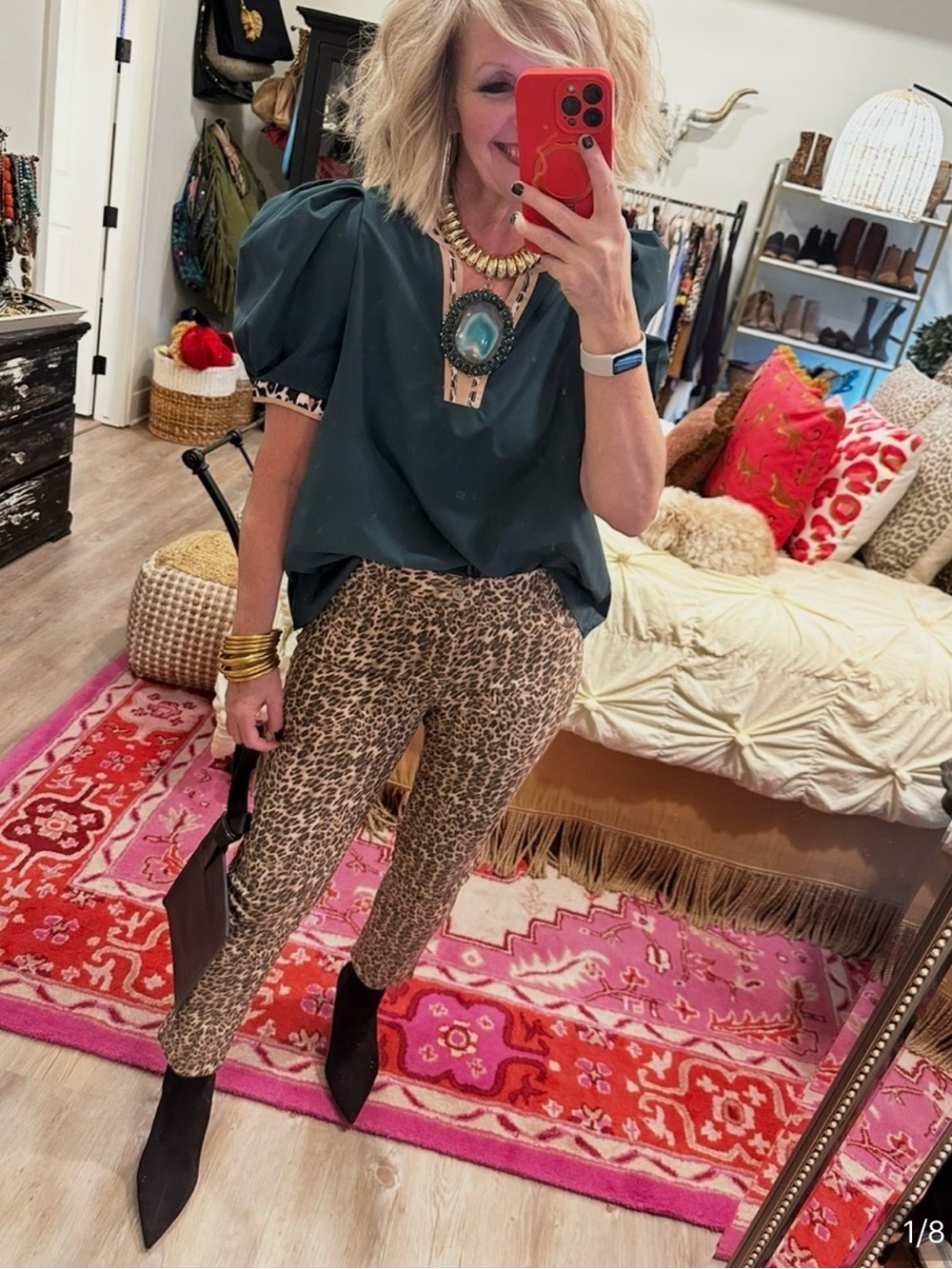 Dark Green/Leopard Print Blouse